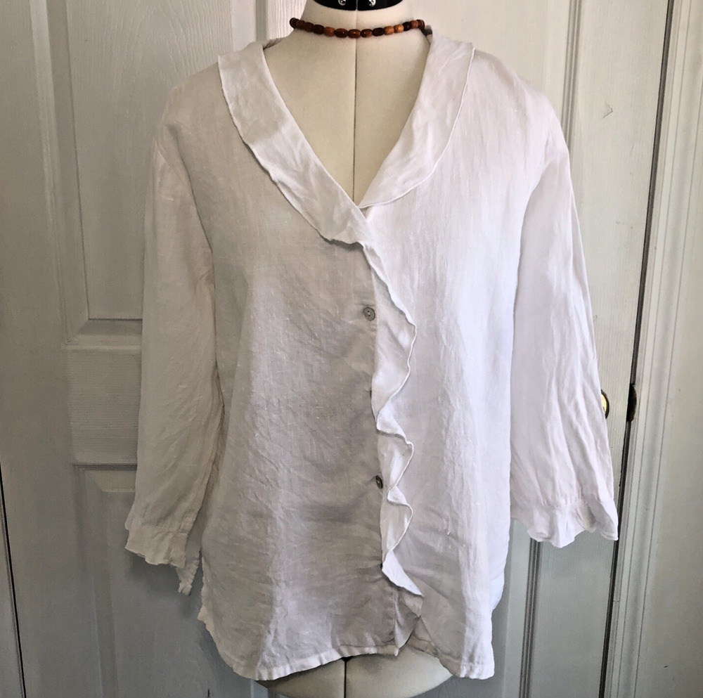 Vtg 100% Linen Blouse womens M ruffled silhouette Romantic Coquette coastal